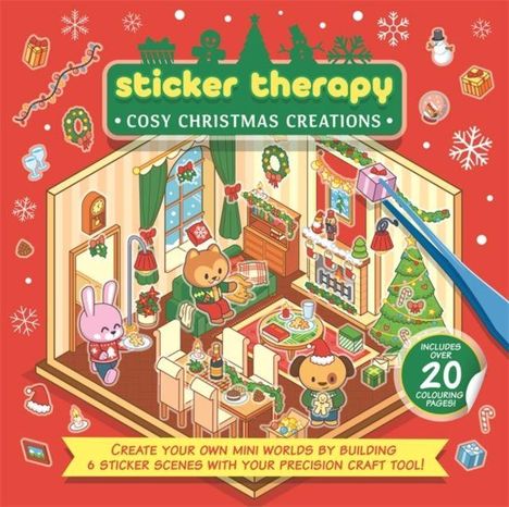 „Sticker Therapy: Cosy Christmas Creations“. Eine weihnachtlich dekorierte Szene mit niedlichen Tierfiguren im Wohnzimmer.