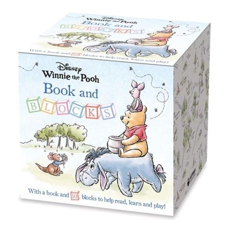 Text: "Disney Winnie the Pooh Book and Blocks." Illustration von Winnie Pooh, Ferkel auf I-Aah reitend in einer Landschaft.