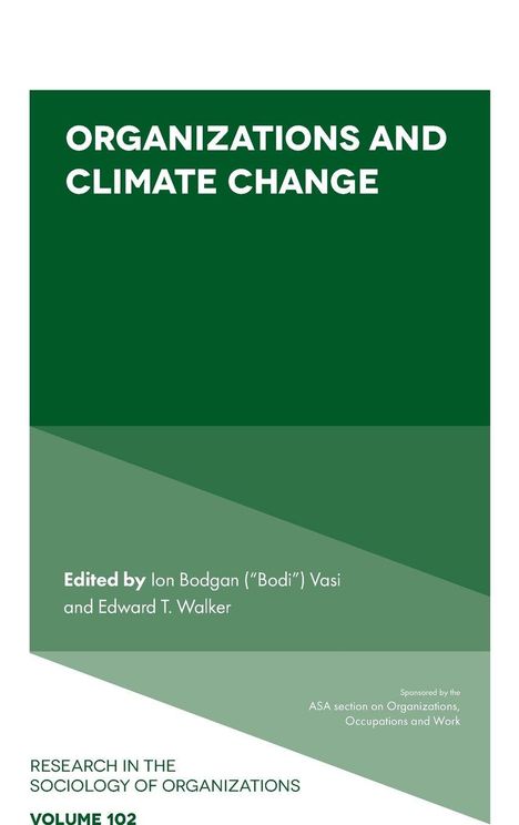 "ORGANIZATIONS AND CLIMATE CHANGE" auf grünem Hintergrund. Unten: Herausgeber, Sponsorenhinweis, Band 102.