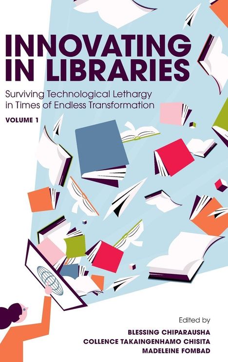 Oben steht: "INNOVATING IN LIBRARIES." Darunter fliegende Bücher, u.a. in Blau, Rot und Lila. Unten drei Autoren.