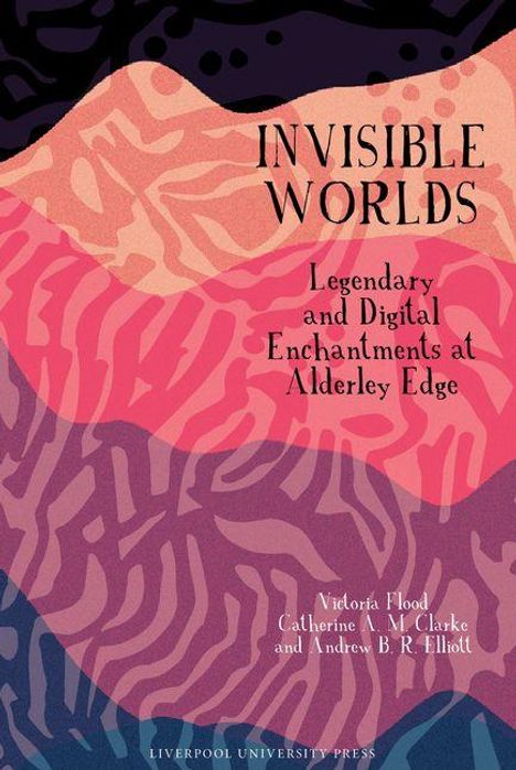 „INVISIBLE WORLDS“ in schwarzer Schrift auf buntem abstrakten Hintergrund mit wellenförmigen Mustern.