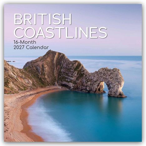 "British Coastlines 16-Month 2027 Calendar." Küstenlinien bei Sonnenaufgang mit Felsen und ruhigem, blauem Meer.