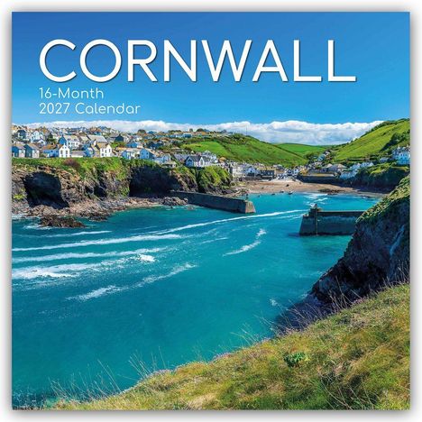"CORNWALL, 16-Month 2027 Calendar". Küstenlandschaft mit blauem Meer, grünen Hügeln und einem Dorf im Hintergrund.