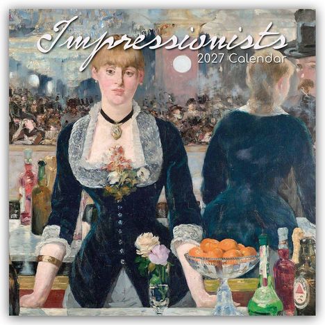 "Impressionists 2027 Calendar" steht oben. Eine Frau in viktorianischer Kleidung hinter einer Bar, umgeben von Flaschen und Orangen.
