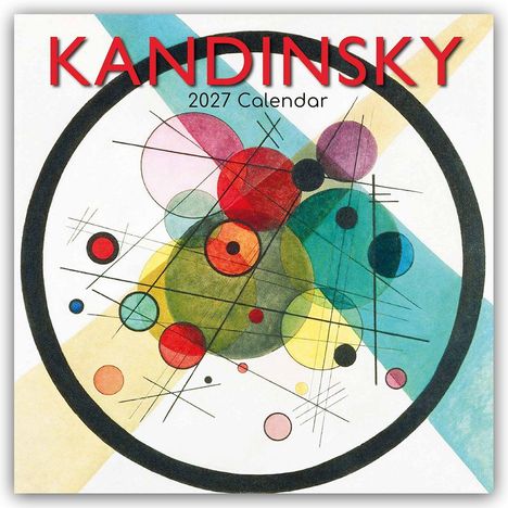 Text: "KANDINSKY 2027 Calendar". Buntes abstraktes Gemälde mit Kreisen, Linien und geometrischen Formen in einem dicken schwarzen Kreis.