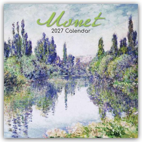 „Monet 2027 Calendar“. Impressionistisches Gemälde mit Bäumen am Flussufer und Spiegelung im Wasser.