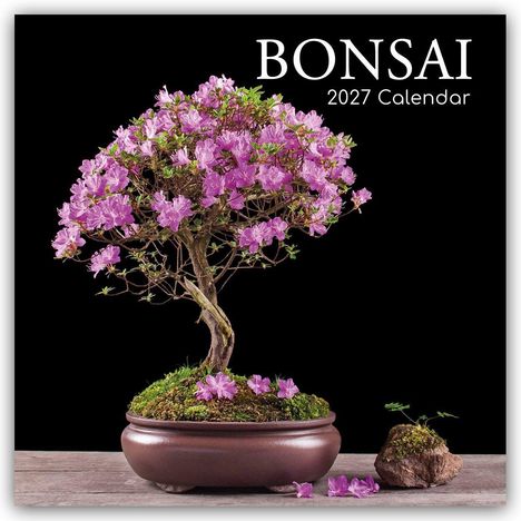 Text: "BONSAI 2027 Calendar". Ein blühender Bonsai-Baum mit rosa Blüten in einem dekorativen Topf.