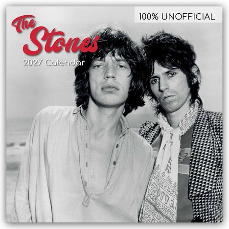 "The Stones 2027 Calendar" und "100% UNOFFICIAL" erscheinen auf einem Schwarz-Weiß-Bild mit zwei Männern in der Mitte.