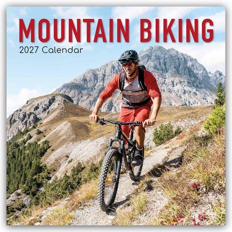 Text: "MOUNTAIN BIKING 2027 Calendar". Ein Radfahrer fährt auf einem Pfad durch eine gebirgige Landschaft.