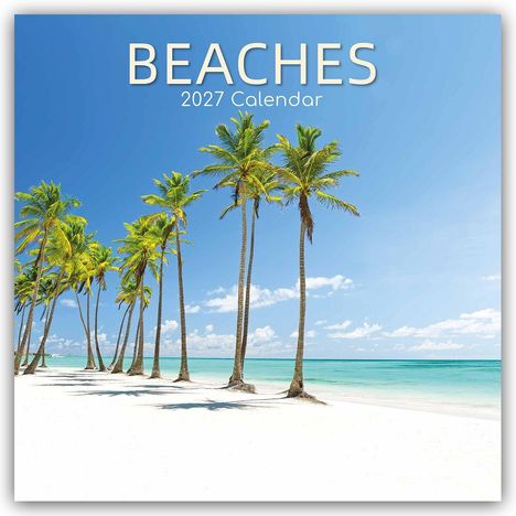 Text: "BEACHES 2027 Calendar". Illustration: Palmen am weißen Sandstrand, türkisblaues Meer, blauer Himmel mit Wolken.