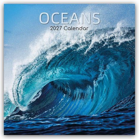 "OCEANS 2027 Calendar". Ein eindrucksvolles Bild einer großen, blau schäumenden Welle vor klarem Himmel.