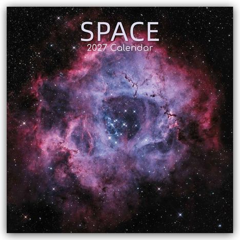 Text: "SPACE 2027 Calendar". Eine farbenfrohe Weltraumaufnahme mit rosa und violetten Gaswolken und funkelnden Sternen.