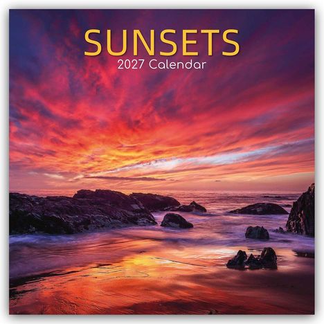 Texte: "SUNSETS 2027 Calendar". Eine atemberaubende Küstenszene bei Sonnenuntergang mit intensiven, leuchtenden Farben.