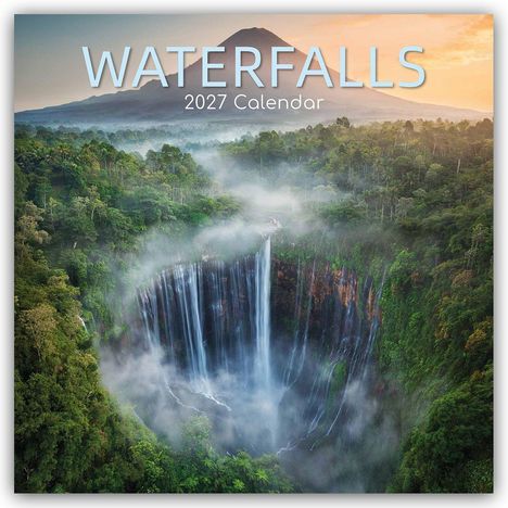 "WATERFALLS 2027 Calendar" in weißem Text oben. Ein Wasserfall inmitten eines dichten, grünen Waldes, im Hintergrund ein Berg.