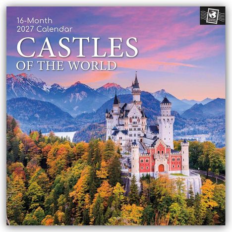 "16-Month 2027 Calendar: Castles of the World." Ein Schloss vor herbstlicher Waldlandschaft und Bergen im Hintergrund.