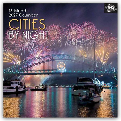 "16-Month 2027 Calendar: Cities by Night" steht oben. Eine beleuchtete Brücke mit Feuerwerk und Booten auf dem Wasser.