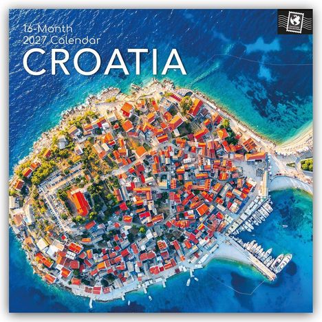 Text: „16-Month 2027 Calendar CROATIA“. Luftaufnahme einer malerischen Küstenstadt mit roten Dächern am blauen Meer.