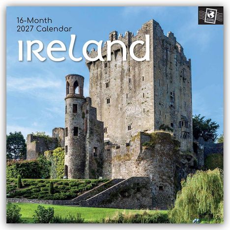 Text: "16-Month 2027 Calendar Ireland". Alte Burg mit Turm, grüne Bäume und blauer Himmel im Hintergrund.