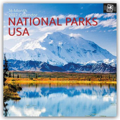 Text: "16-Month 2027 Calendar NATIONAL PARKS USA". 

Illustration: Schneebedeckter Berg, See, klare Spiegelung.