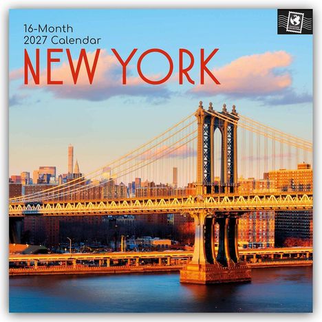 "16-Month 2027 Calendar NEW YORK" in roter Schrift, darunter die Manhattan Bridge bei Sonnenuntergang vor der Skyline.