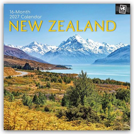 16-Month 2027 Calendar, New Zealand. Landschaft mit schneebedeckten Bergen, blauem See und grüner Vegetation.