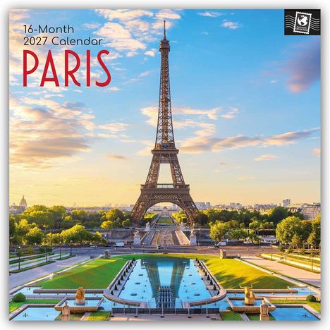 16-Month 2027 Calendar, PARIS. Der Eiffelturm steht im Zentrum, umgeben von Gärten und Reflexionen im Wasser.