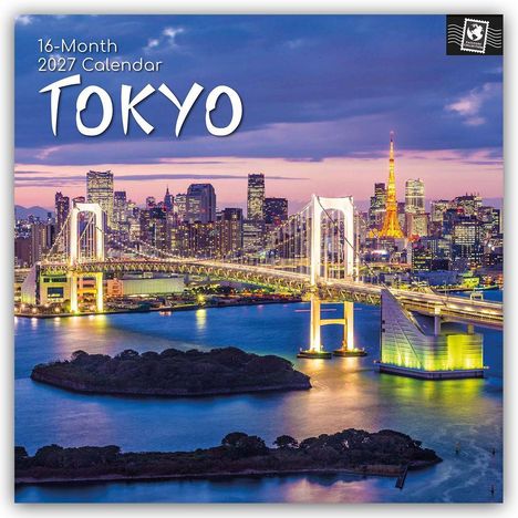 Text: "16-Month 2027 Calendar TOKYO". Eine beleuchtete Stadtansicht bei Dämmerung mit Brücke und Fernsehturm im Hintergrund.