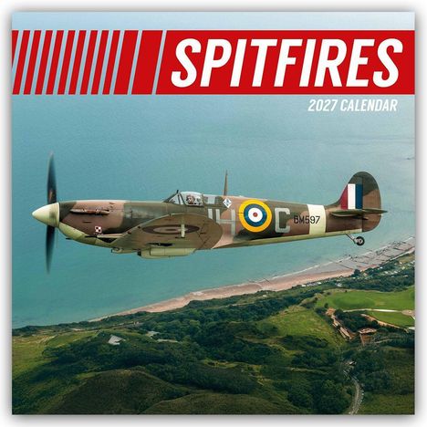 "SPITFIRES", "2027 CALENDAR". Ein Kampfflugzeug fliegt über eine Küstenlandschaft.