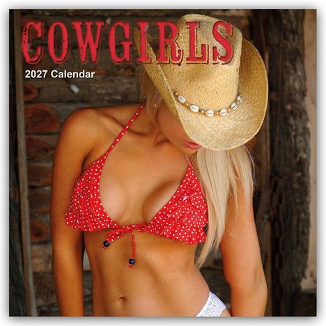 "COWGIRLS", "2027 Calendar". Frau mit blondem Haar, rotem Bikini und Strohhut. Hintergrund aus Holz.