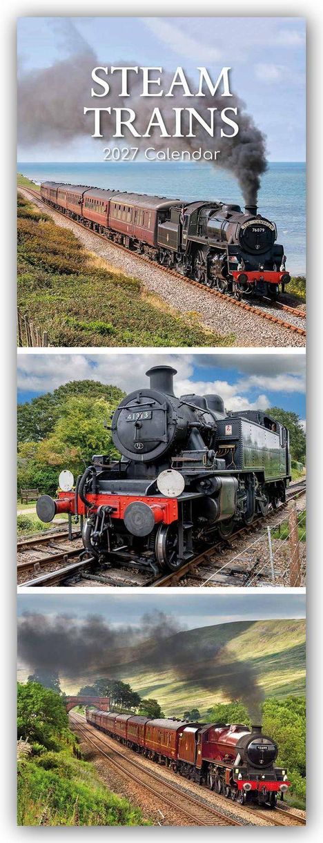 "Steam Trains 2027 Calendar." Drei Dampflok-Bilder, zwei in der Natur, eine umgeben von Bäumen, alle rauchend.