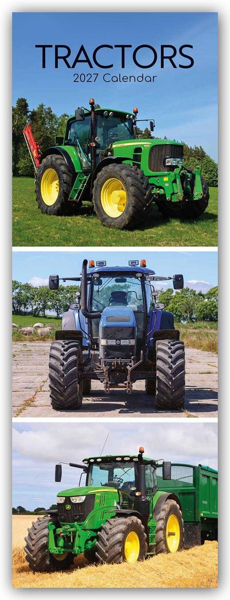 „TRACTORS 2027 Calendar“. Drei große Traktoren auf Feldern, in grünen und blauen Farben.