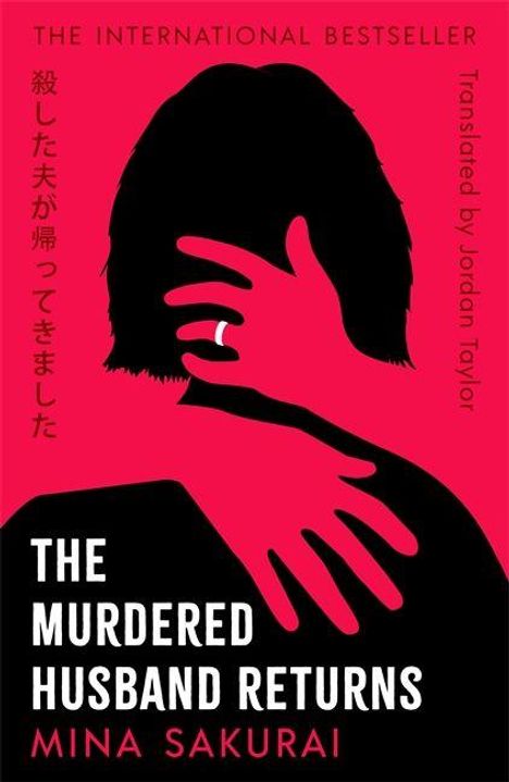 "The Murdered Husband Returns" von Mina Sakurai. Ein schwarzer Umriss mit roten Händen, pinker Hintergrund.