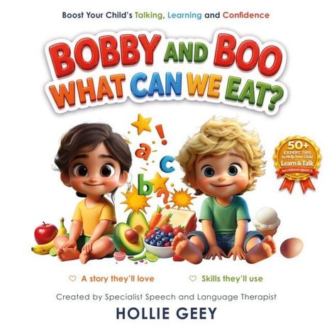„Bobby and Boo: What Can We Eat?“ Zwei fröhliche Kinder, umgeben von frischem Obst und Gemüse, sitzend.