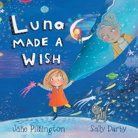 Text: "Luna Made a Wish." Illustration eines Mädchens mit rotem Kleid, einem Mond, Sternen und einem fröhlichen grauen Kätzchen.