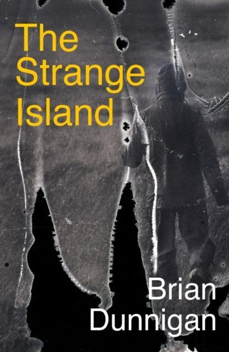 Text: "The Strange Island" und "Brian Dunnigan". Eine Person geht in winterlicher Landschaft, Foto mit abstrakten Mustern.
