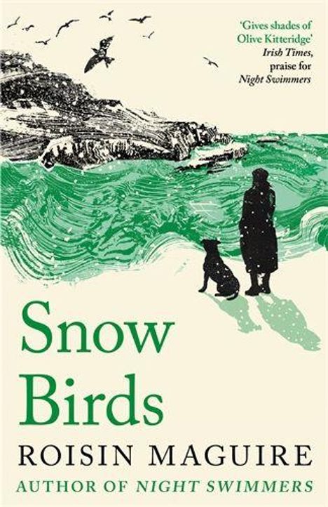 "Snow Birds" und "Roisin Maguire" in grüner Schrift. Silhouette von Person mit Hund und Vögeln, Landschaft im Hintergrund.