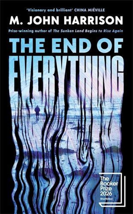 "THE END OF EVERYTHING" von M. John Harrison. Booker Prize 2026. Silhouette vor abstrakten Linien in Blau- und Lilatönen.