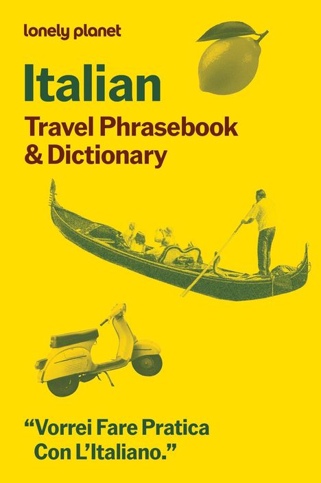 Der Text sagt "Italian Travel Phrasebook & Dictionary". Eine Gondel und ein Roller sind abgebildet.