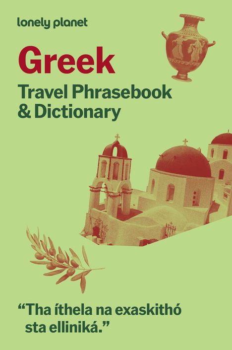 "Greek Travel Phrasebook & Dictionary." Olivenzweig, griechische Architektur und Vase mit Figuren auf grünem Hintergrund.