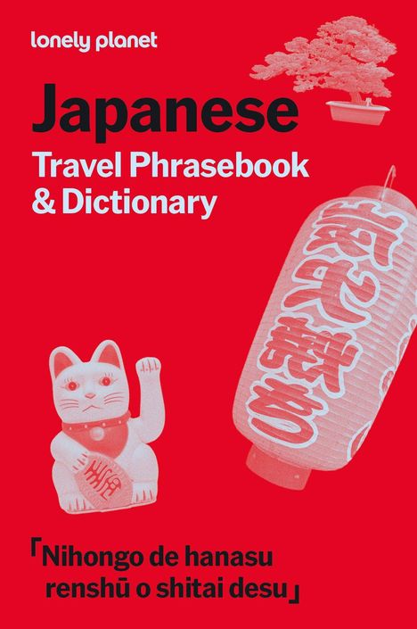 "Japanese Travel Phrasebook & Dictionary" auf rotem Hintergrund mit Maneki-neko, Laterne und Bonsai.