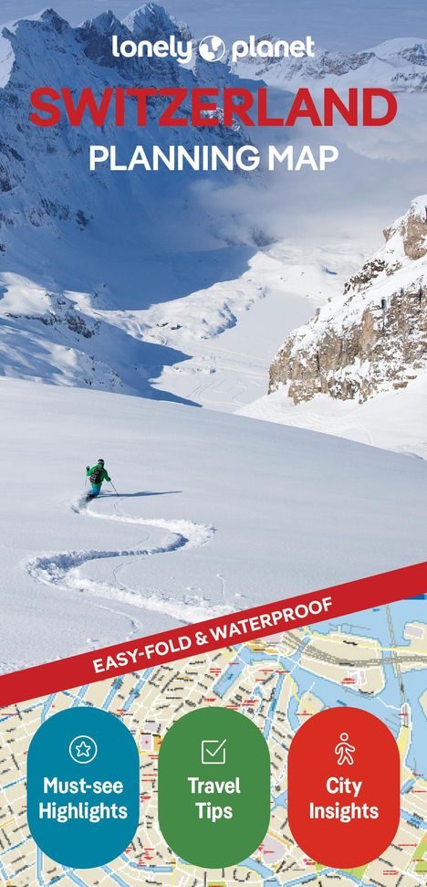 "Switzerland Planning Map" in rotem Text vor einer verschneiten Berglandschaft mit einem Skifahrer. Drei farbige Symbole: Highlights, Tipps, Einsichten.