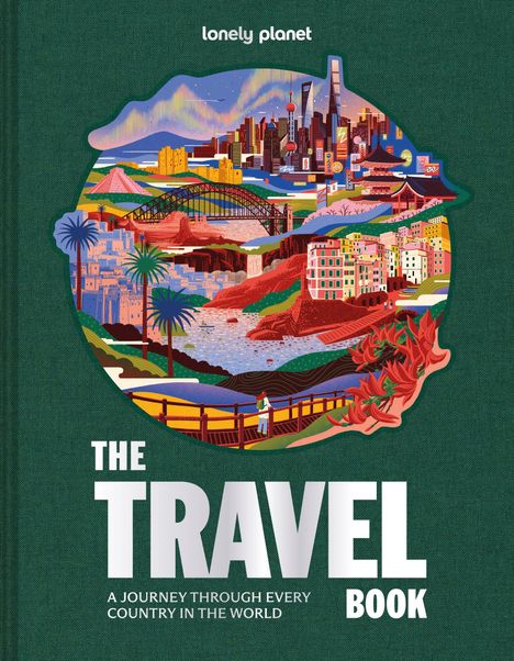 "The Travel Book: A Journey Through Every Country in the World." Illustration: Bunte Städte, Landschaften in einem Kreis.