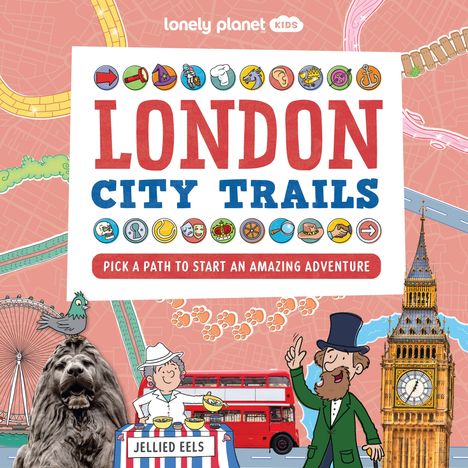 "LONDON CITY TRAILS. PICK A PATH TO START AN AMAZING ADVENTURE." Illustration mit Symbolen und London-Sehenswürdigkeiten.