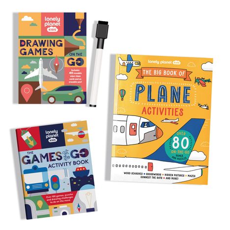 Texte: "Drawing Games On The Go", "The Big Book of Plane Activities", "The Games On The Go Activity Book". Enthält kindgerechte, bunte Illustrationen von Fahrzeugen und Flugzeugen.