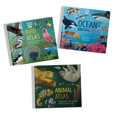"Bird Atlas", "Ocean Animal Atlas", "Animal Atlas" mit bunten Illustrationen von Tieren auf den Covern.