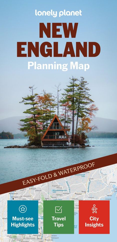 Neue England Planungskarte. Must-see Highlights. Reisetipps. Städte-Einblicke. Dreieckiges Haus auf Insel, umgeben von Bäumen.