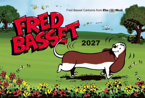 "Fred Basset 2027" in großen, roten Buchstaben. Illustration: Ein fröhlicher Hund läuft über eine Wiese.