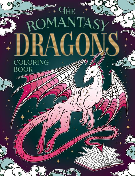 "The Romantasy Dragons Coloring Book": Ein rosa Drache mit glänzenden Flügeln schwebt über einem aufgeschlagenen Buch.