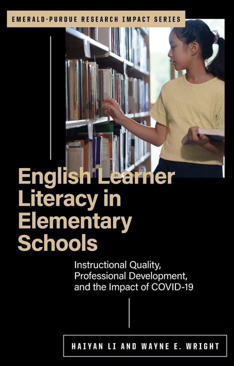Titel: "English Learner Literacy in Elementary Schools". Kind in Bibliothek, stöbert in Büchern.