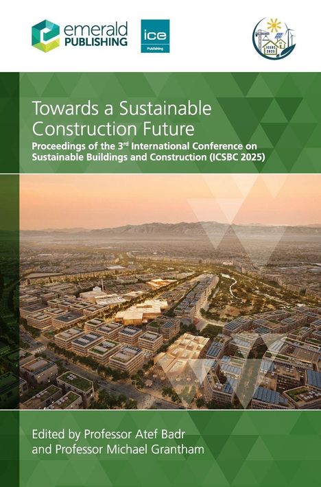 „Towards a Sustainable Construction Future.“ Überschrift oben. Moderne Stadt von oben; Berge im Hintergrund.